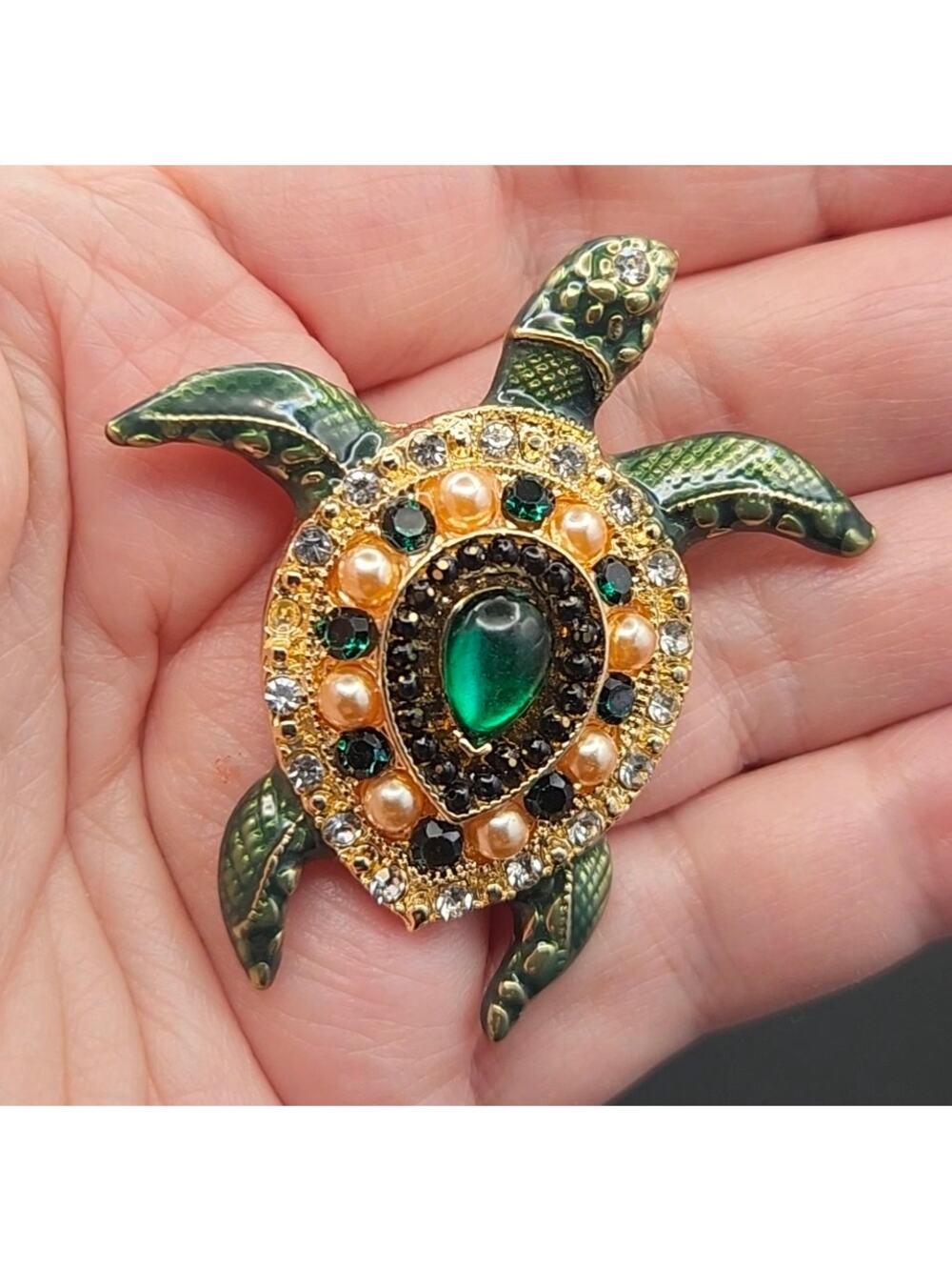 Sea Turtle Brooch Green Enamel and Rhinestones Ocean